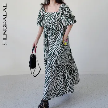 

SHENGPALAE 2020 New Summer Women Vintage High Waist Slim Was Thin Elegant Square Collar Puff Sleeve Big Swing Maxi Dress ZA4143