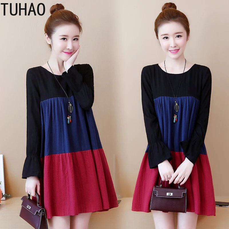 

TUHAO 2019 Autumn Patchwork Woman's Dresses Loose Large Size 5XL 4XL 3XL Women's Long Sleeve Dress Casual Long Sleeve Dress WM18