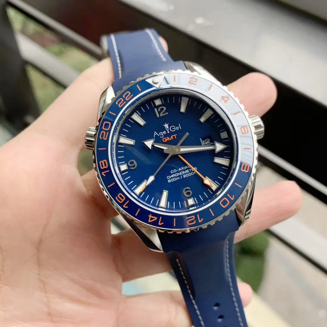 

Luxury Brand New Men Automatic Mechanical Watch Independent GMT 007 Luminous Rubber Blue Ceramic Bezel Sapphire Black Limited