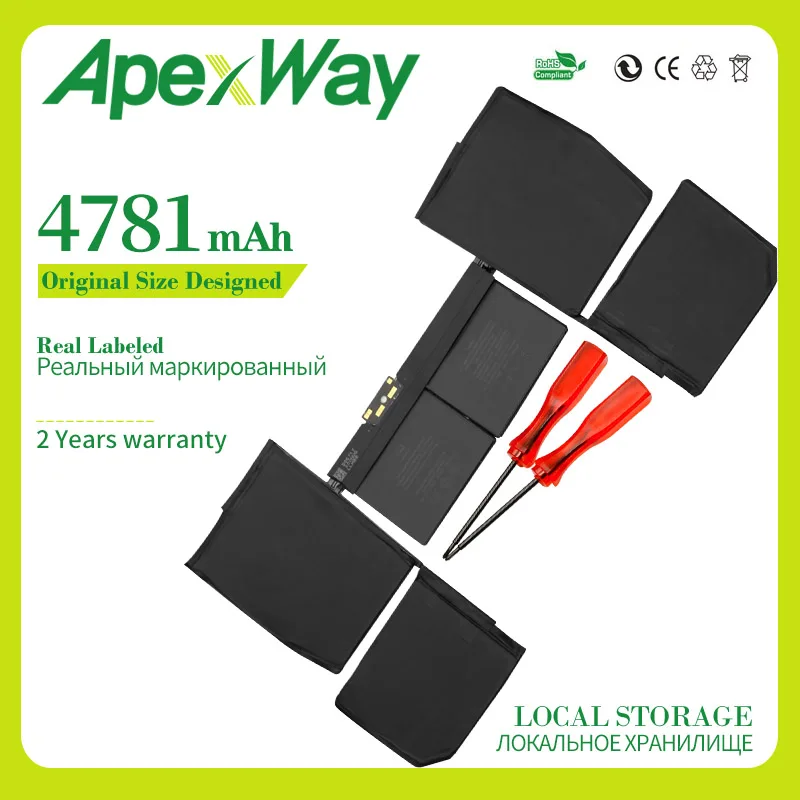 Apexway 11 4 в 4781 мАч A1705 Аккумулятор для ноутбука Apple Macbook Pro 12 дюймов A1534 2016 с отверткой |