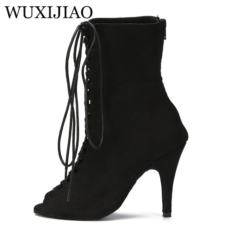 WUXIJIAO popular female black suede Latin dance salsa boots shoes training stage performance party soft sole