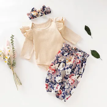 

Newborn Clothes Baby Girl Clothes Autumn Fashion Solid Romper Bodysuit+Floral Suspender Skirts/Pants +Headband Free Ship Z4