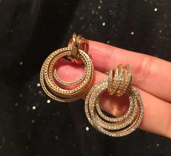 

women shiny rhinestone multi-layer hoop retro luxury elegant S925 silver pin earrings