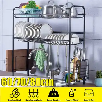 

Black 60/70/80cm Stainless Steel Kitchen Dish Rack Sink Drain Rack One Two Layers Kitchen Organizer Shelf Storage Holder