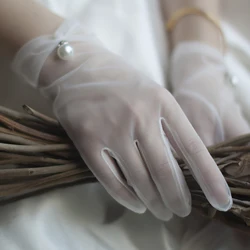 Handmade Bridal Gloves Wedding Gloves White Translucent Gauze Woman Gloves Summer Sun Protection Ladies Fingered Gloves