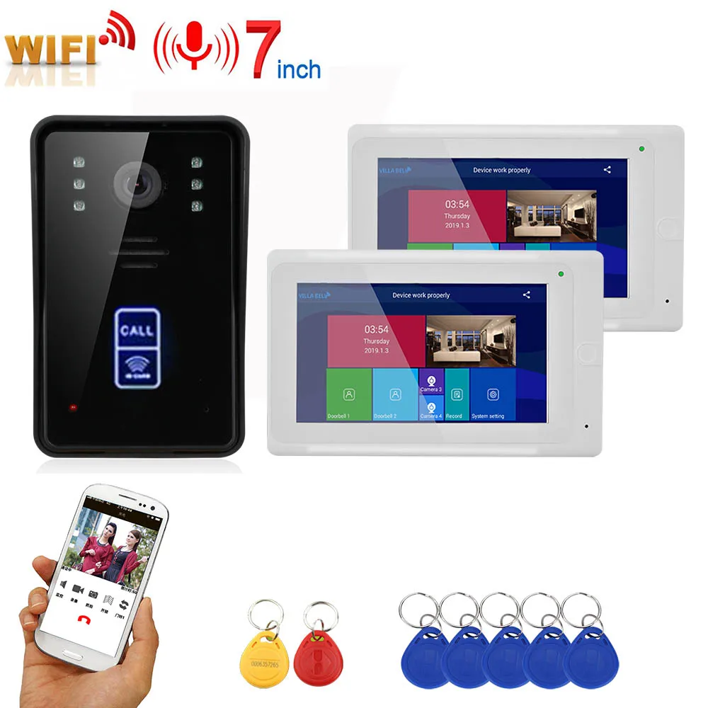SY703W706WMJID12 2 монитора 7 дюймов беспроводной Wifi RFID видео телефон двери дверной звонок Домофон Система с проводным IR-CUT 1080P Проводная камера - Цвет: SY703W706WMJID12