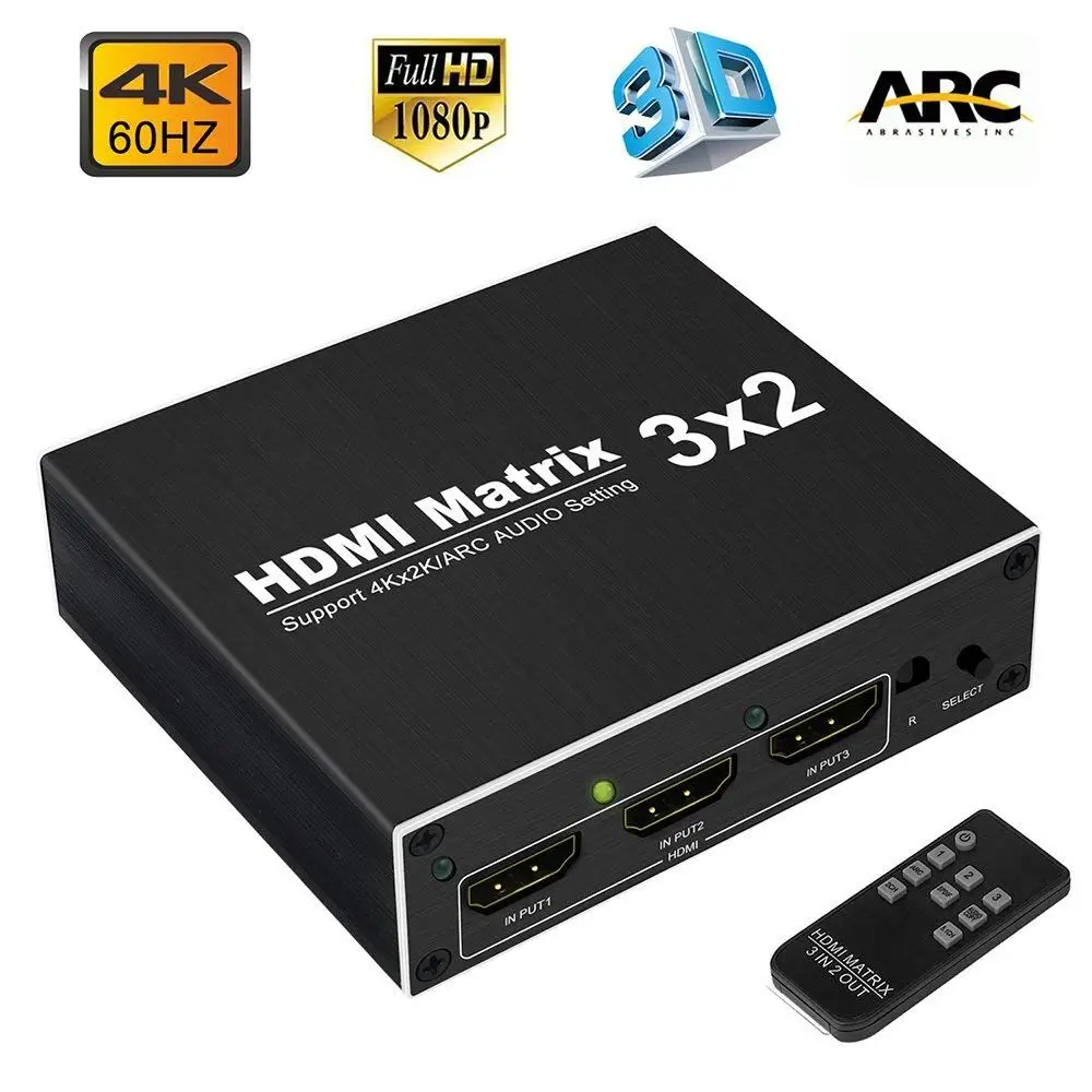 

HDMI Matrix 3X2 4K 60Hz 1080P Splitter3 Inputs 2 Outputs Witch Optical TOSLINK&R/L 3.5mm Audio Extractorwith IR Remote HDCP1.4