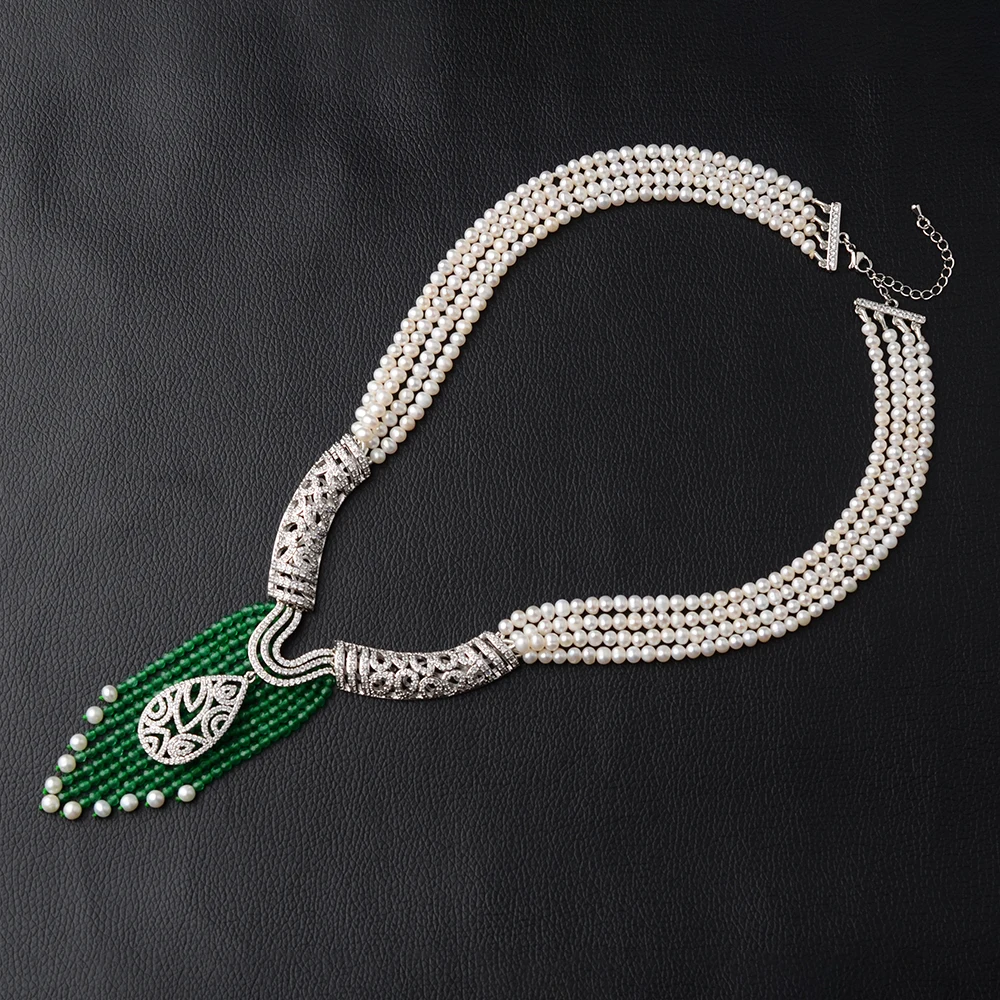 20'' 4 Strands White Pearl Freshwater Statement Necklace CZ Pave Green Jade Pendant