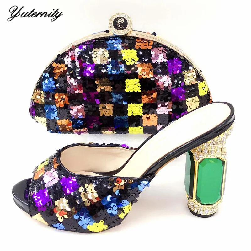 

High Quality Decorated With Crystal Woman Shoes And Bag Set Europe Luxury Multicolour High Heels Shoes And Bag Set For Wedding