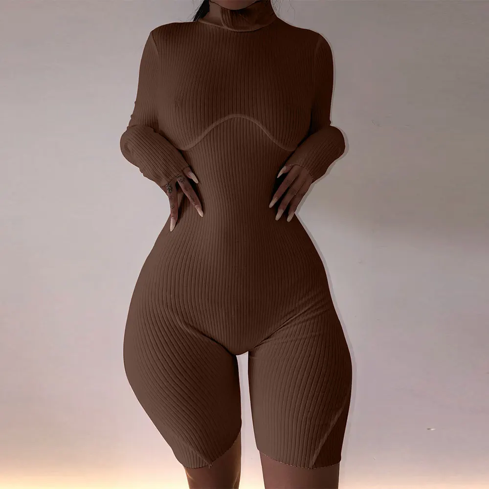 KGFIGU Thick Brown Rompers For Women Autumn Solid Ribbed Jumpsuit Long Sleeve Knitting