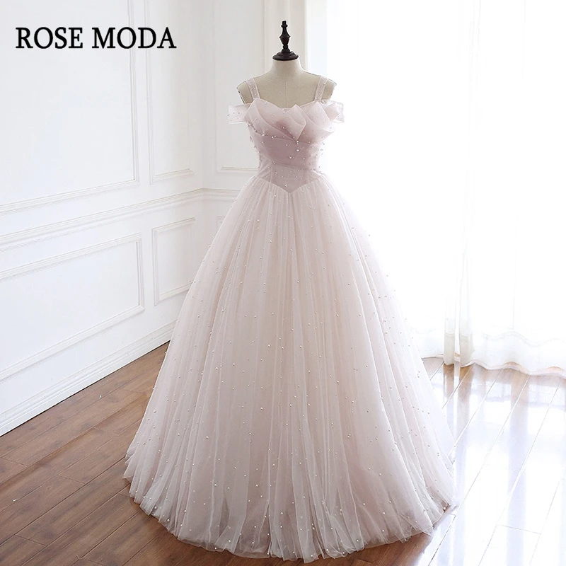 

Rose Moda Lovely Light Pink Pearl Wedding Dress 2020 Off Shoulder Princess Ball Gown Lace Up Back