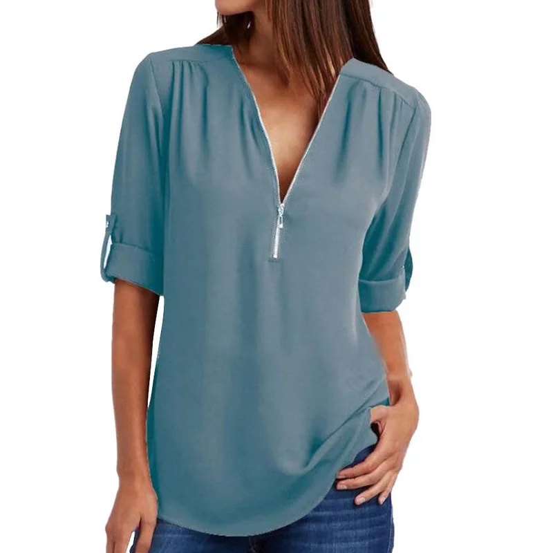 2019 Summer Women Chiffon Blouse 5XL Plus Size Chemise Femme V-neck Roll Up Sleeve Zipper Tunic Tops Summer Casual Loose Shirt