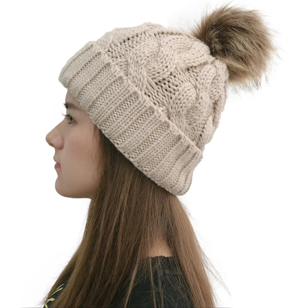 New Simple Winter Hat Wool Fur Beanie Outdoor Plush Ball HatsKnit Beret Beanie Cap Winter Skullies Warm Gorros Female Cap