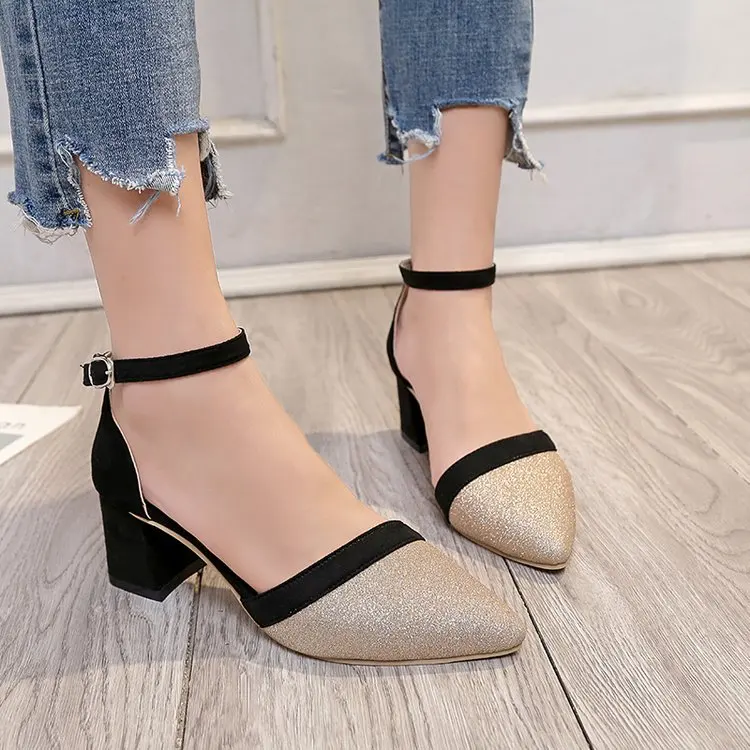 

Summer New Style Silver Square Root OL Work Sandals Versatile Hallow Pointed-Toe High Heel Shoes Closed-toe Chunky-Heel WOMEN'S