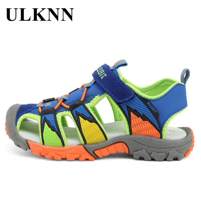 ULKNN Beach Sandals for Boys Summer Kids Shoes Suede Genuine Leather Close Toe Breathable Cut-outs Pig Leather Children Shoes