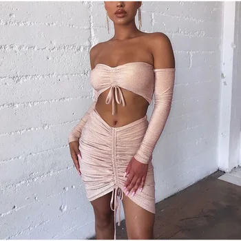 

Fashion strapless long sleeve silver silk tube top mini skirt two-piece short skirt autumn women 2020 new