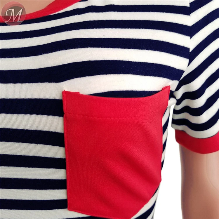 9062707 queenmoen hot sale summer casual woman stripe t-shirt mini dress with solid pocket