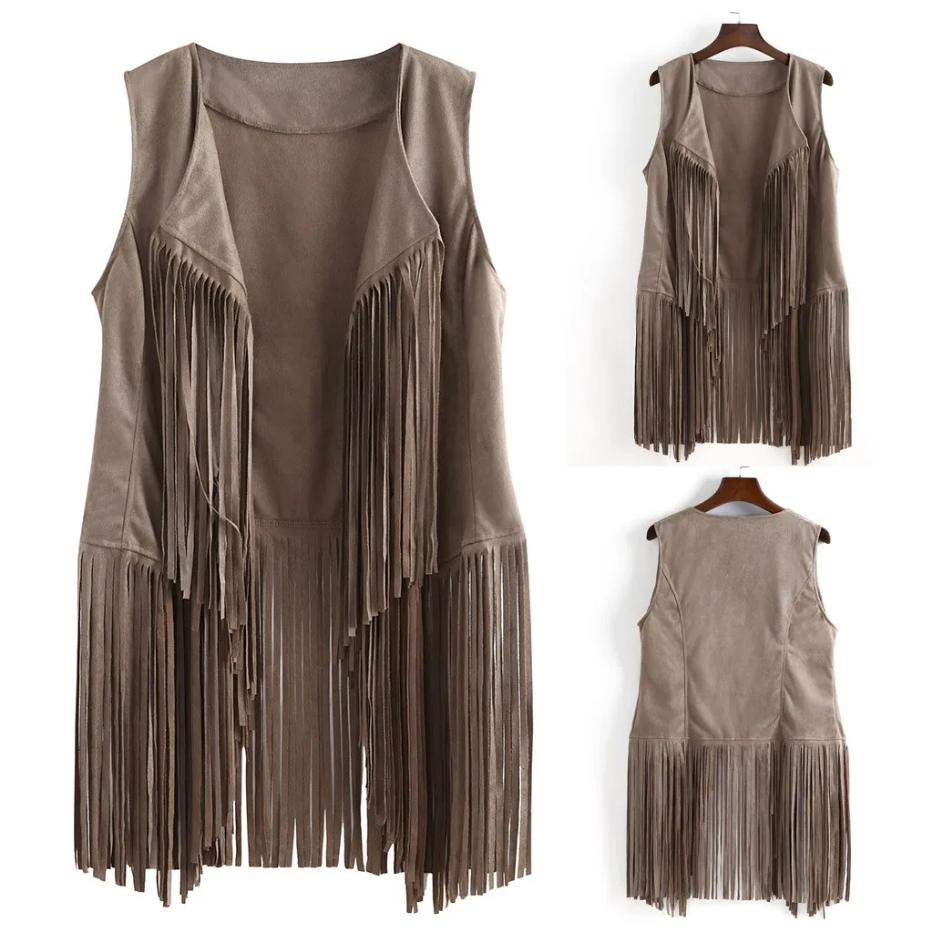 Women Autumn Winter Suede Ethnic Sleeveless Tassels Fringed Vest Cardigan