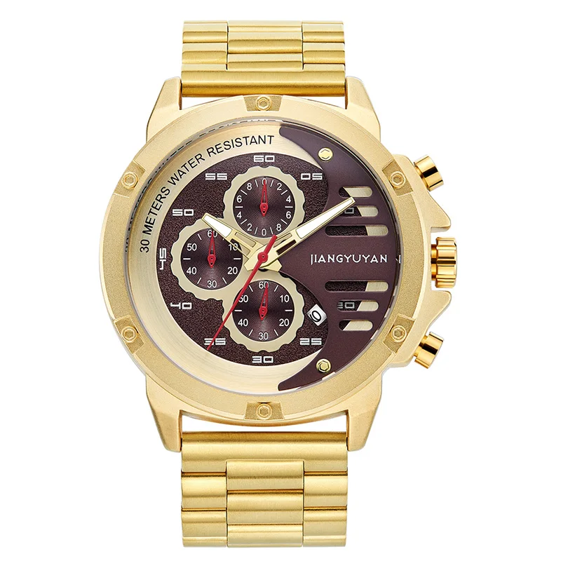 

new top brand luxury men's stainless steel quartz watch casual fashion calendar waterproof gold men's multi-function watchs