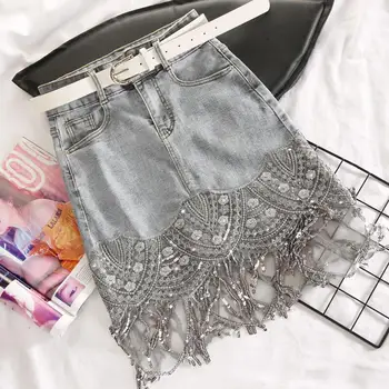 

Summer 2020 Fashion Denim Skirts Women Tassel sequins stitching Skirts Womens Harajuku High waist Jeans Skirts Mujer Femme w617