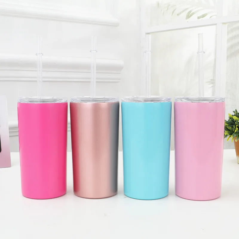 

12oz Skinny Stemless Mug Wine Tumblers Double Wall Vacuum Insulated Straight Cup Mini Beer Bottle Glass With Lid and Straw