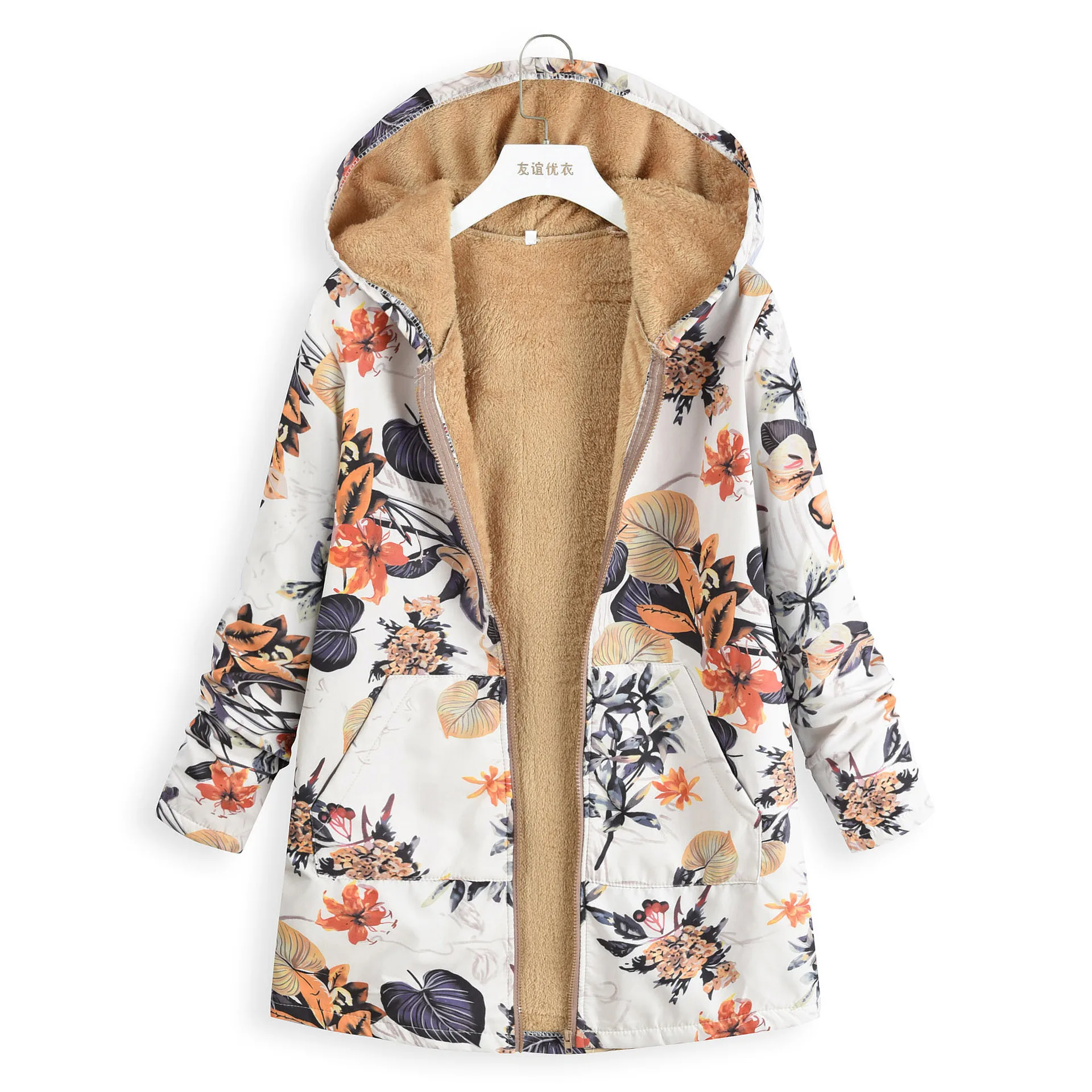 

Oversize 2019 Winter Thin Fleece Floral Coat Jacket Women Outwear Warm Outerwear Hooded Coats Abrigos Mujer Invierno Manteau