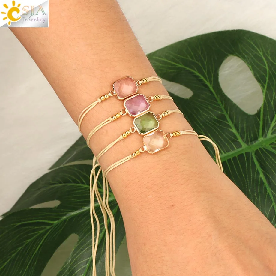 

CSJA Braided Rope Chain Bracelets Adjustable Faceted Crystal Glass Beads Charms Bracelets Simple Handmade Jewelry for Femme S500