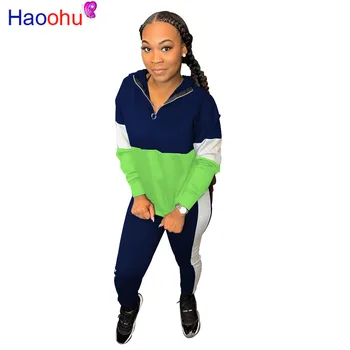 

Causal Panelled 2 Piece Set Women Festival Clothing Hooded Full Sleeve Zipper Front Pockets Sweatshirt + Pencil Pants Winter Set