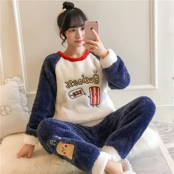 

Pyjamas Thick Winter Pajamas 2PCS Sleepwear Sleep Suit Flannel Women Nightwear Lovely Casual O-neck Shirt&pants Home Clothes