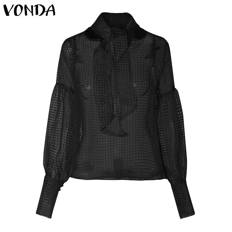 Рубашки женские блузки сексуальные открытые топы с рукавами-фонариками элегантные женские майки с шарфом VONDA прозрачные блузы плюс - Цвет: Black