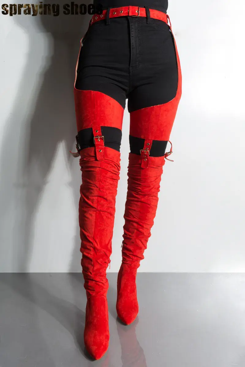 Wild Sexy Belted Thigh High Boots Women Chunky Heels Pointy Toe Winter Boots Red Fashion Ladies Shoes Chap Boots Woman