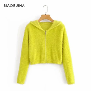 

BIAORUINA Women's Fluffy Fashion All-match Slim Slimming Hooded Zip-up Knit Short Hoodies Street Style Crop Top Active Wear