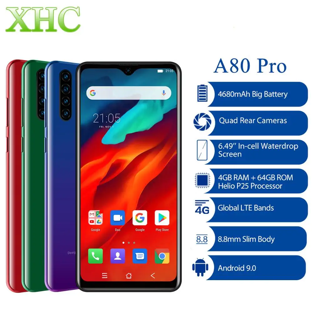 Смартфон Blackview A80 Pro, четыре ядра, Android 9,0, 4680 мАч, мобильный телефон, 4 Гб+ 64 ГБ, 6,49 дюймов, отпечаток пальца, две sim-карты, LTE, 4G, мобильный телефон