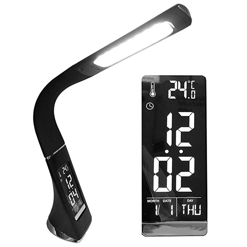 

WoodPow Gooseneck LED Office Desk Lamp Touch Leather-Like Dimming Reading Table Lamp Light With Alarm Clock Calendar LCD Display