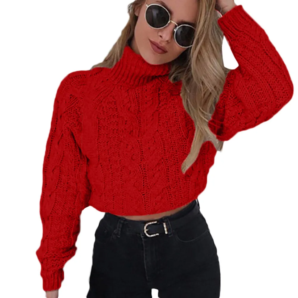 Женский зимний Повседневный вязаный пуловер с высоким воротником, женский джемпер - Цвет: Красный