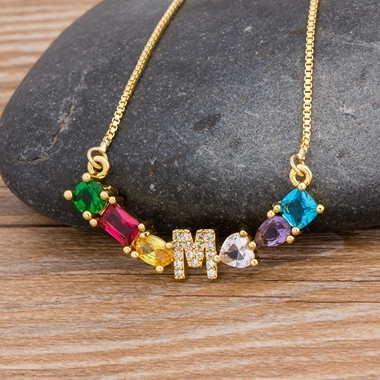 New Design Luxury Initial Alphabet A-Z Letters Charm Rainbow Pendant Necklace Copper Zirconia Choker Family Jewelry Gift