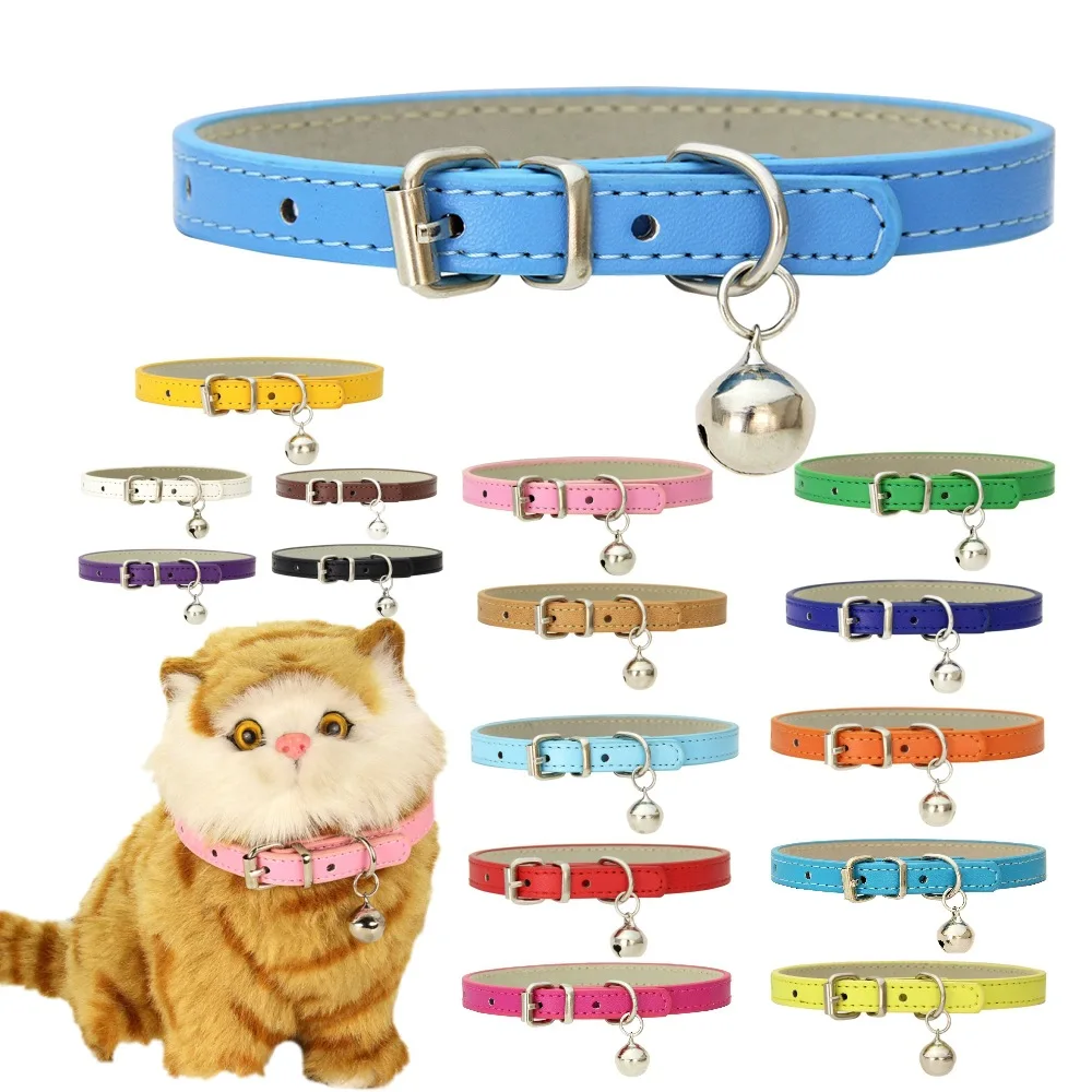 Adjustable Leather Cat Dog Collar With Bell Soft Colorful Collars For Puppy Small Cats Dogs Durable Necklace Pets Accessories