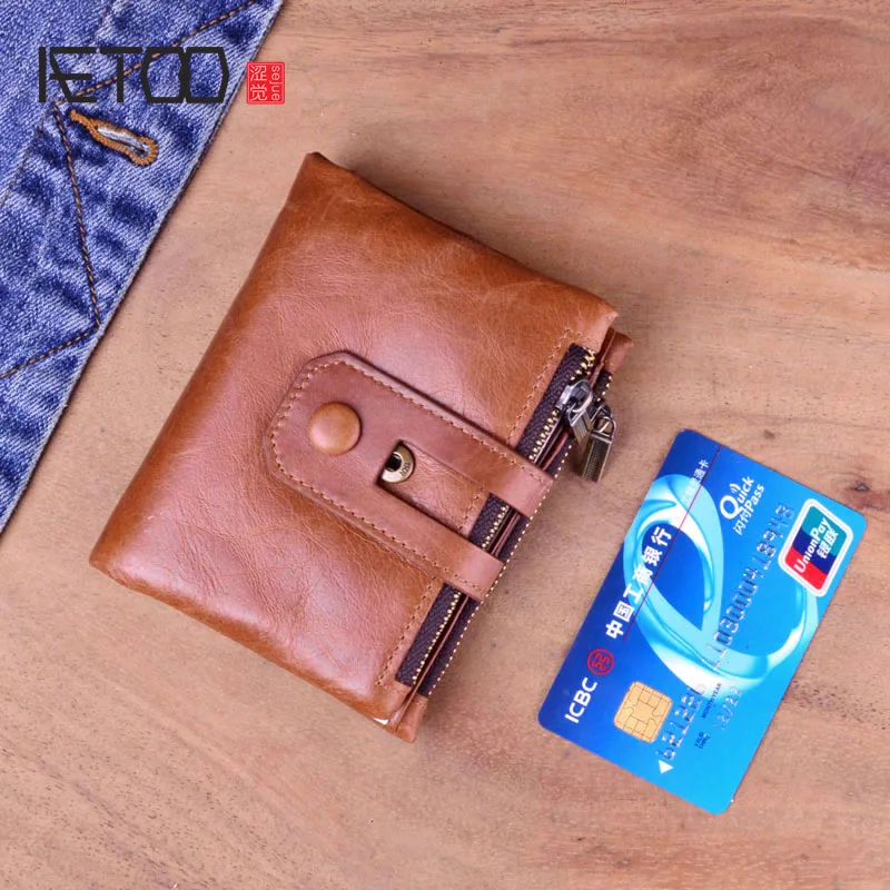 

AETOO Genuine Leather Rfid Wallet Women Vintage Women's Short Wallets Purse Card Holder With Zipper Coin Pocket Bag Female