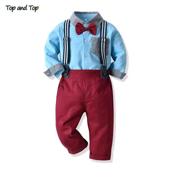 

Top and Top Autumn&Winter Kids Boy Gentleman Clothes Sets Cotton Long Sleeve Bowtie Shirt+Suspender Pants Boys Casual Sets