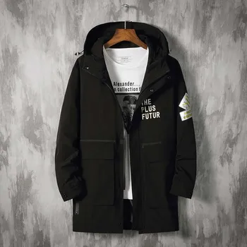 

Plus size solid army green black hooded mens jackets 2021 new autumn winter casual Zipper trench coats male big pockets tops