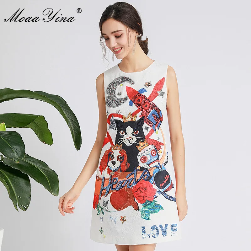 MoaaYina Summer Fashion Short Dress Women's Sleeveless Cartoon Print Jacquard Beading Crystal Sequin Dresses