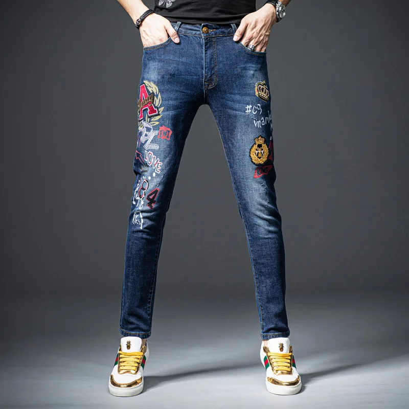 

2020 New Embroidery Men Jeans Fantastic Patterns Quality Brand Slim Elastic Comfortable Hiphop Pants Multiple Styles Trousers