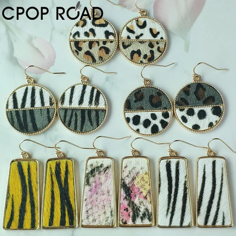 Leopard Zebra Genuine Hair Leather Earrings for Women Circle Geometric