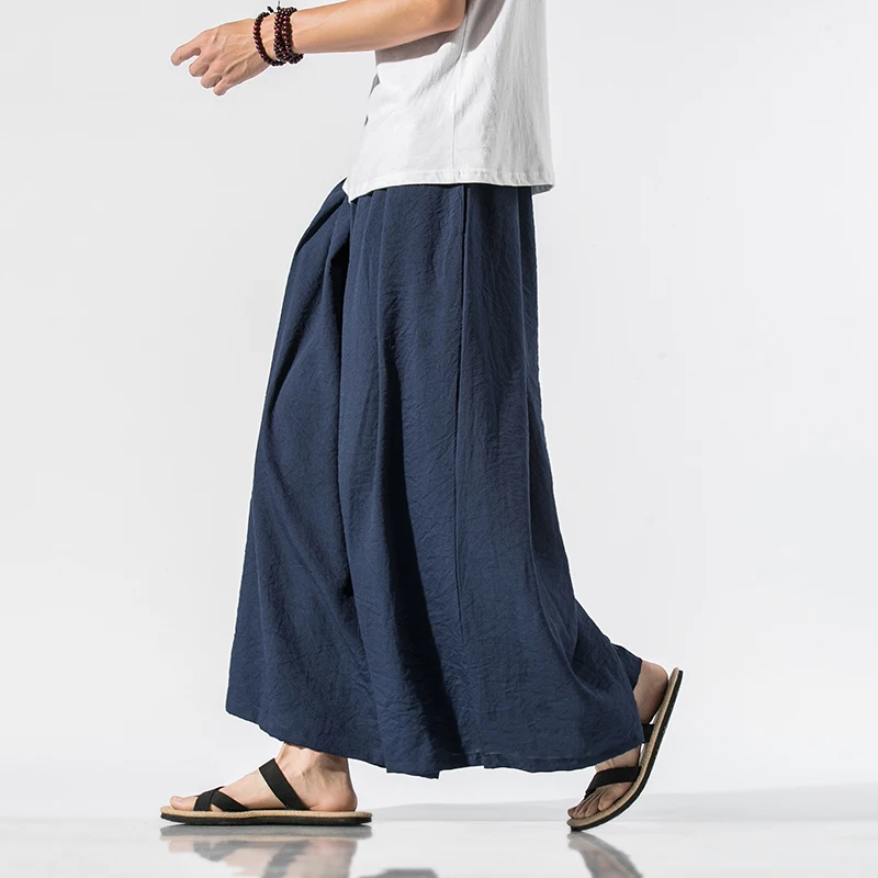 Men Linen Baggy Pants Mens Chinese Style Draped Solid Cotton Pants Man Traditional Wide Leg Male Hip Hop Trousers