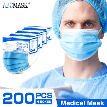 

200pcs Disposable Medical Face Mask 3-layer Anti-Dust mouth Mask Meltblown Cloth blue Surgical Earloops Masks
