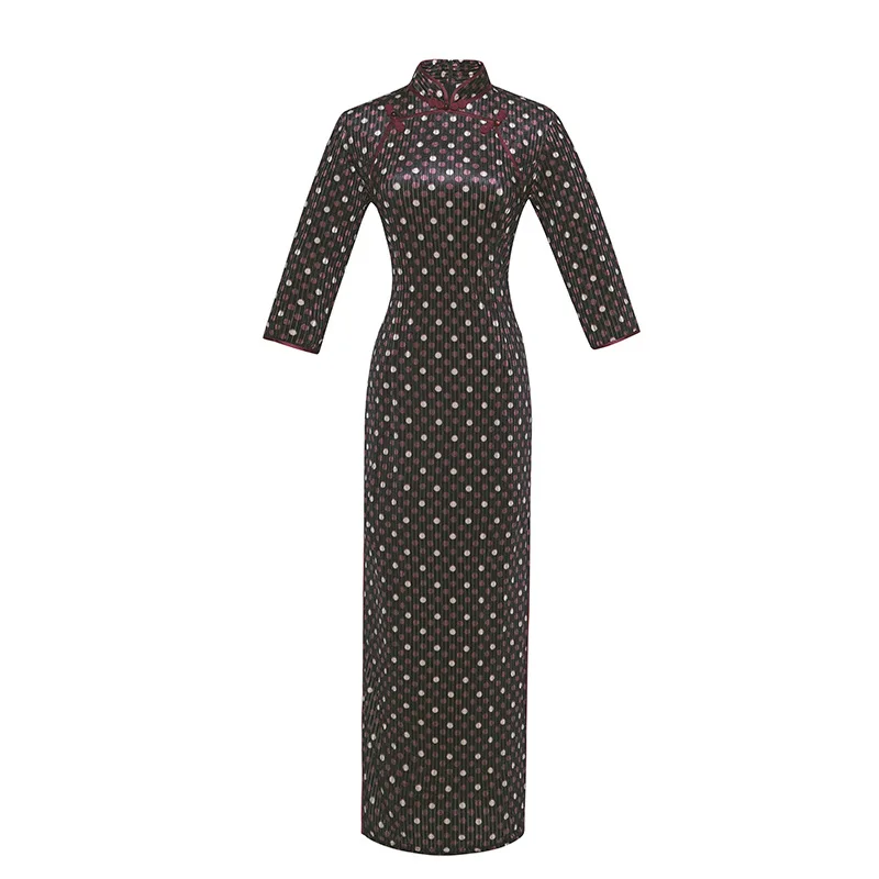Женское велюровое длинное платье Cheongsam в китайском стиле с воротником-стойкой, весеннее приталенное платье Qipao для вечеринок, женское платье на пуговицах, Vestido M-3XL - Цвет: 3511