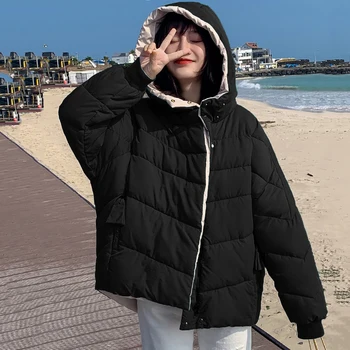 

Both Two Sides 2019 Winter Jacket Women Hooded Solid Loose Female Coat Short Stylish Parka