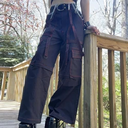 Weiyao bolsos retalhos streetwear carga calças contraste costura grunge perna larga baggy jeans mulher hippie calças de brim