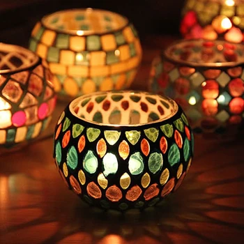 

Creative Moroccan Mosaic Glass Votive Candle Holder Tea Light Candlestick Home Decor Tabletop Centerpiece Candle Holders