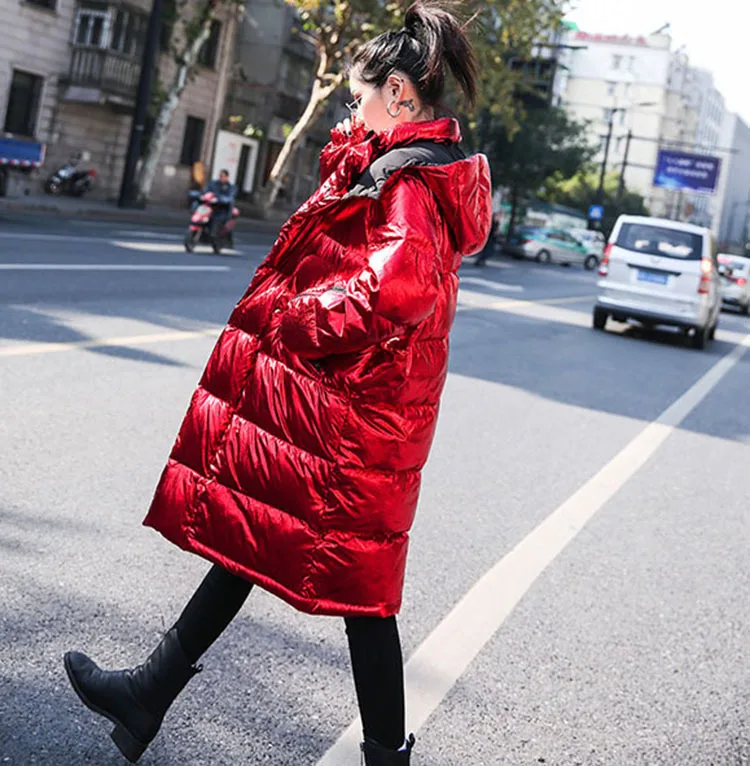Высокие уличные женские зимние пуховики хлопковые куртки Длинные парки для женщин теплые с капюшоном красные яркие женские модные куртки Tide 101